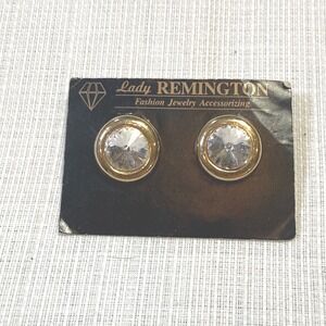 Vintage Lady Remington  Earrings Gold Tone Clear Rhinestone 1960s